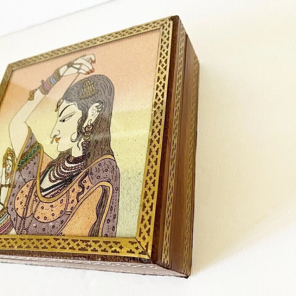 Indian Art Gemstone Painting Indian Wooden Jewelry Box Bani Thani Handcrafted